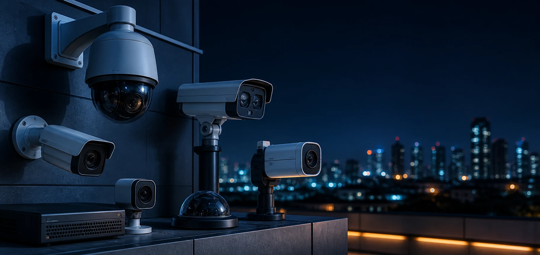 Professional CCTV surveillance equipment overlooking a city